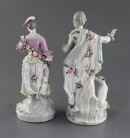 A pair of early Derby figures of a gentleman and his companion, c.1758, h. 25cm and 23.5cm